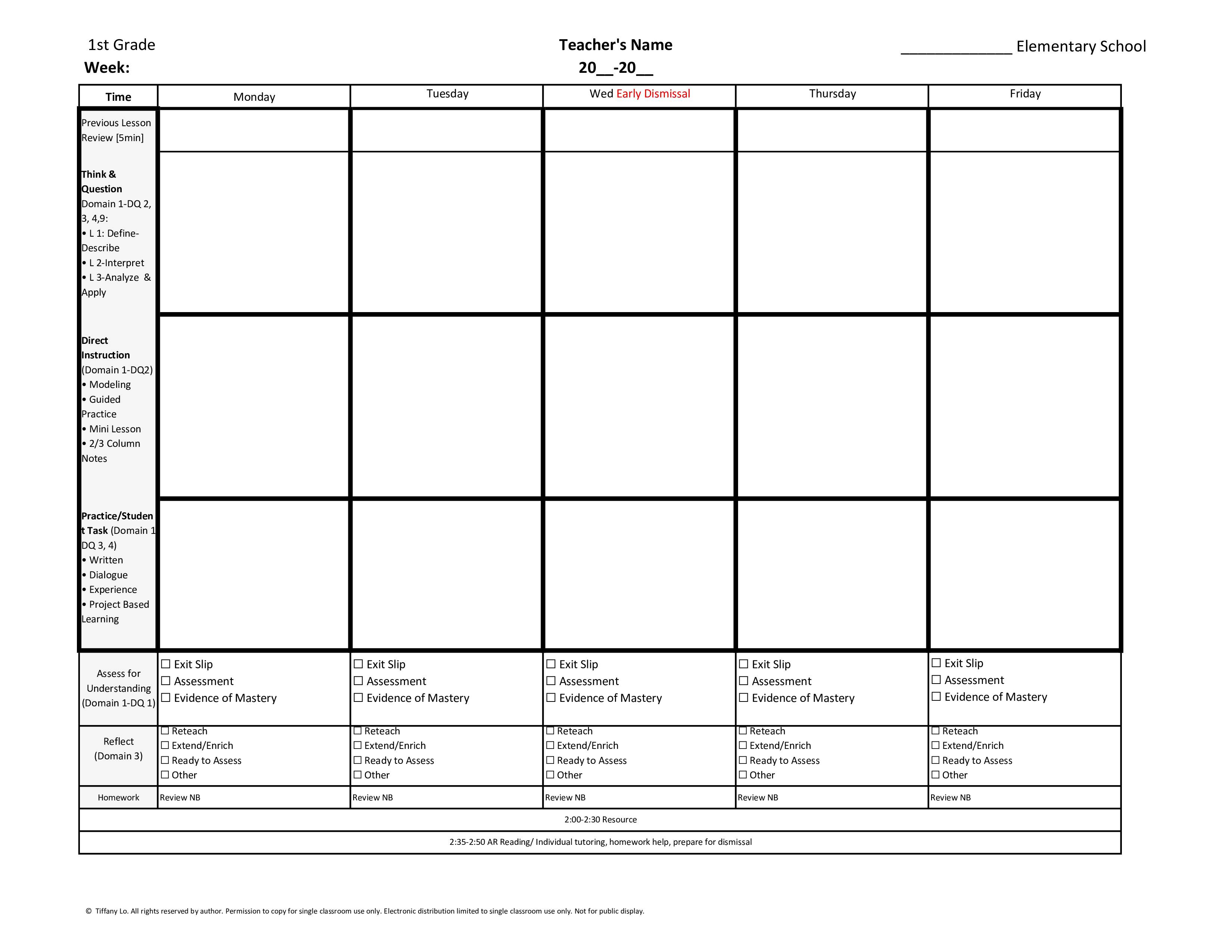1st First Grade Common Core Weekly Lesson Plan Template W Drop Down 
