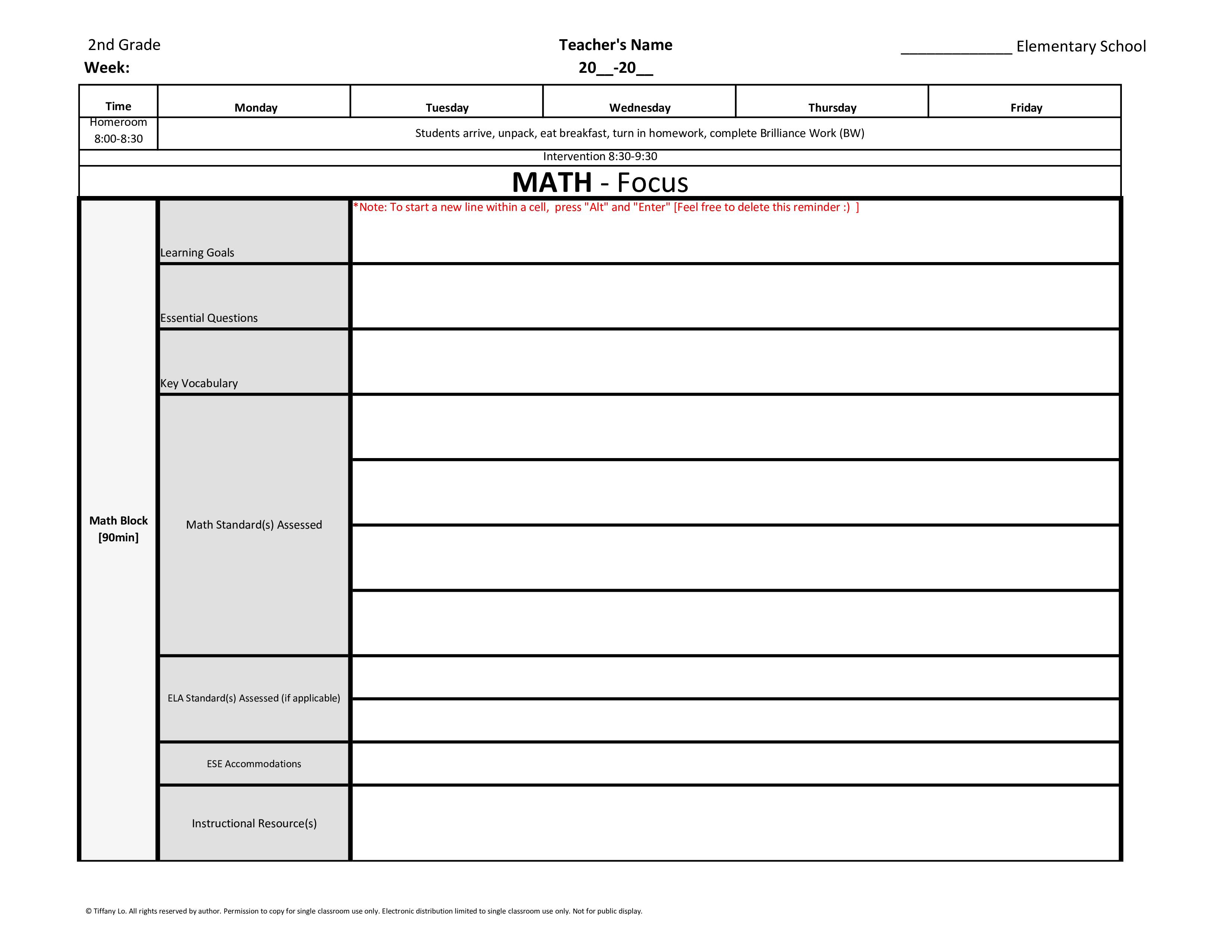 2nd Second Grade Common Core Weekly Lesson Plan Template W Drop Down Lists Tutor And Teacher Templates