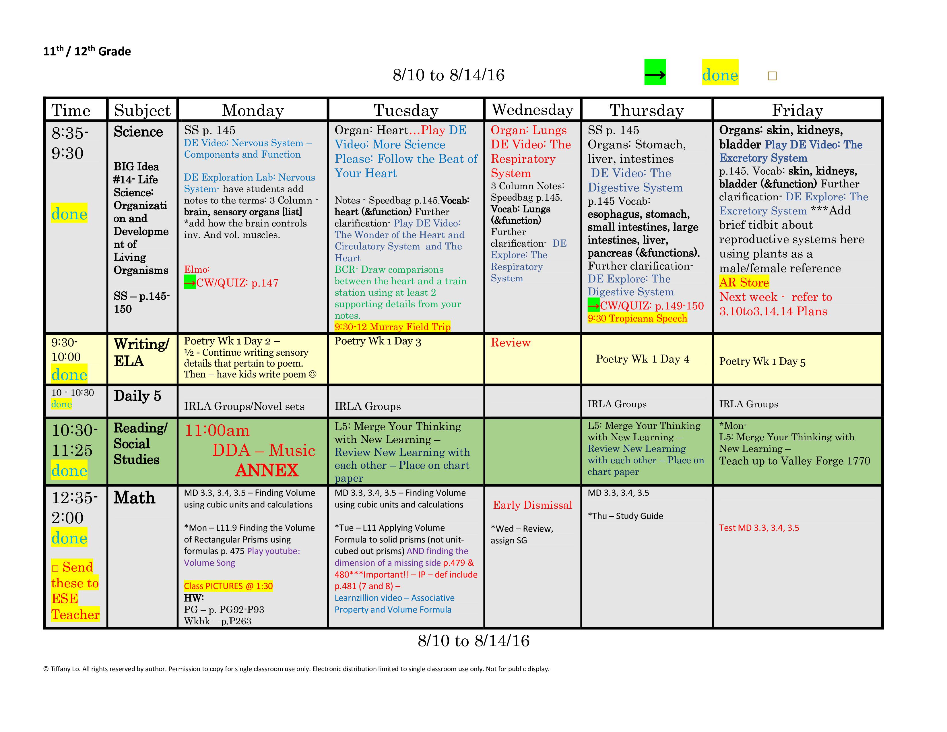 11th Eleventh or 12th Twelfth Grade Lesson Plan Template