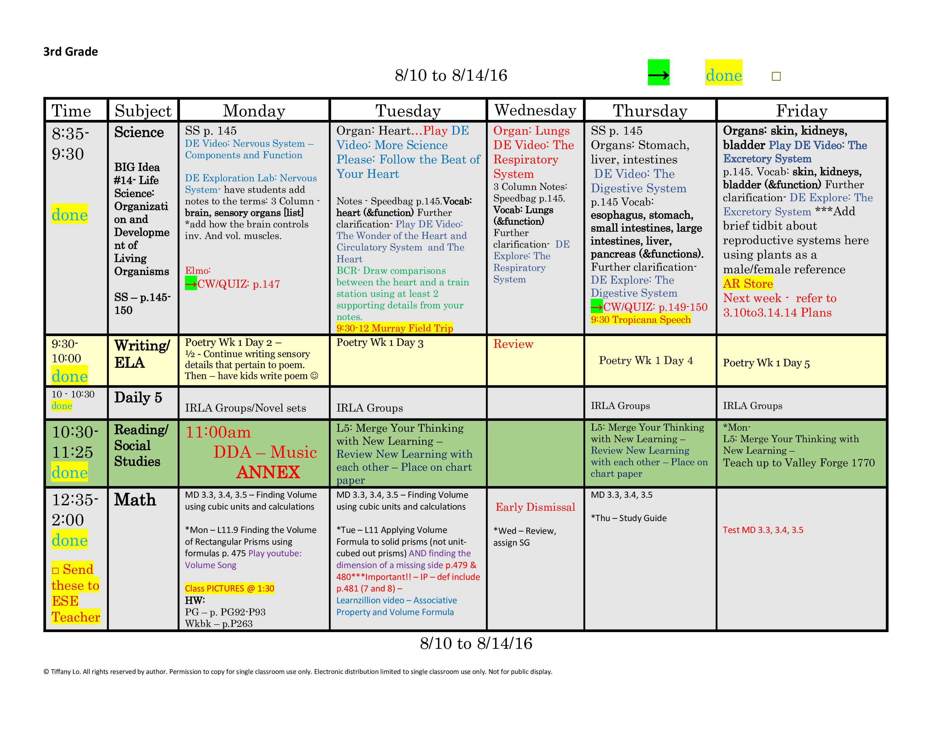 3rd third grade lesson plan template one week one page glance of all