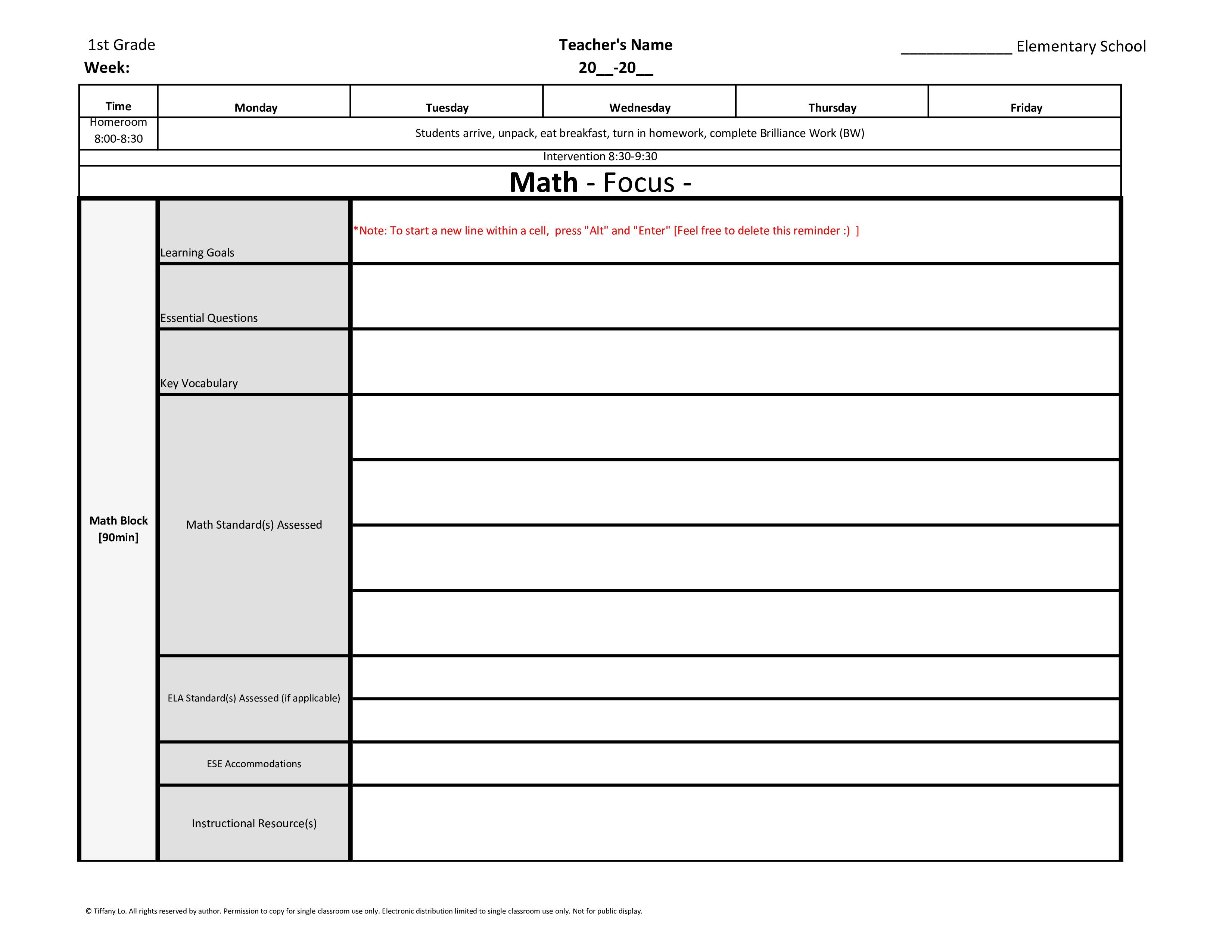 1st First Grade Weekly Lesson Plan Template w/ Florida Standards Drop